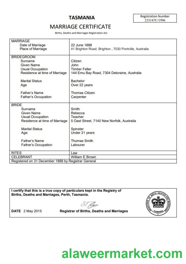 Australia Tasmania marriage certificate template in Word
